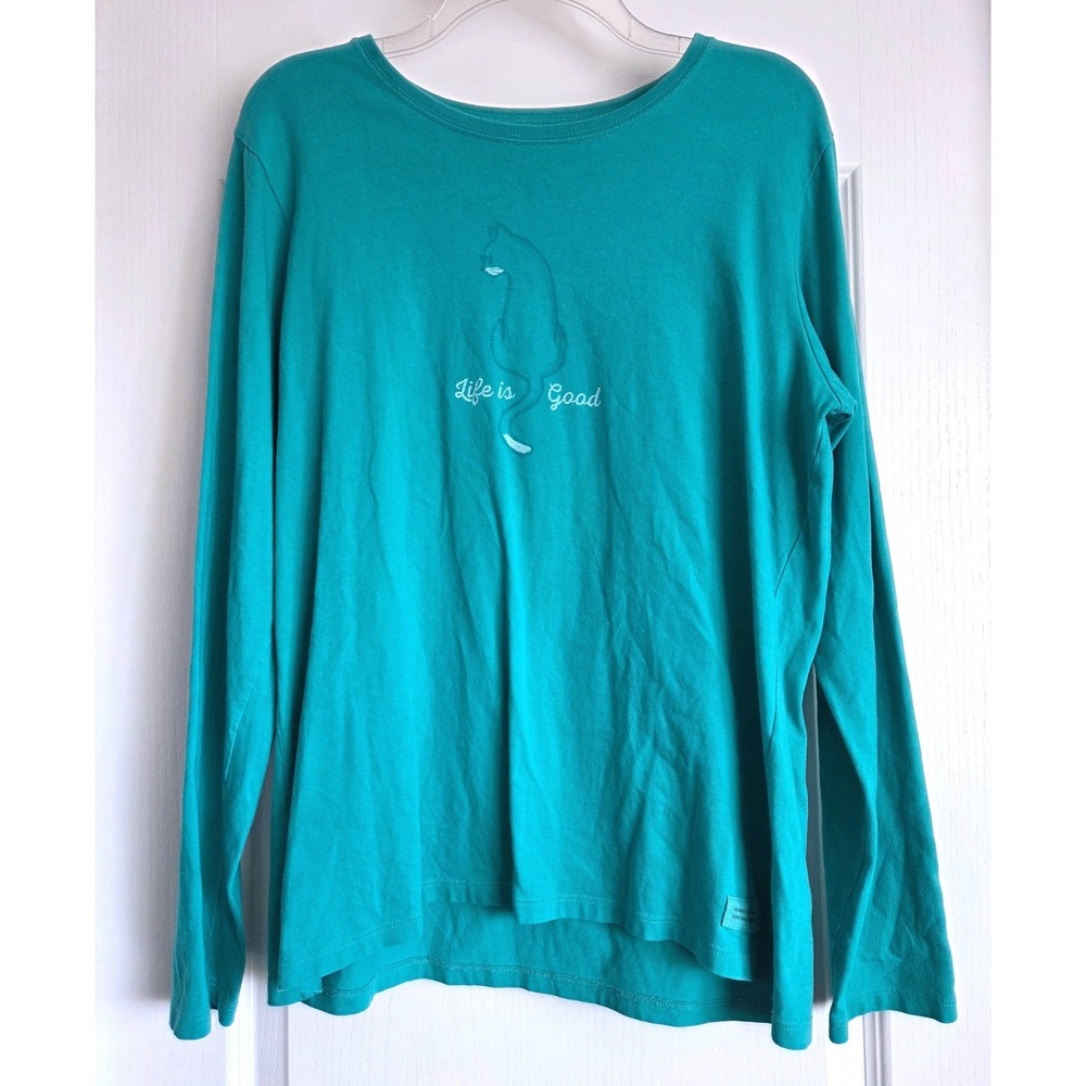 Life is Good Crusher Tee Teal Green Long Sleeve Cat Graphic Shirt Sz L Casual